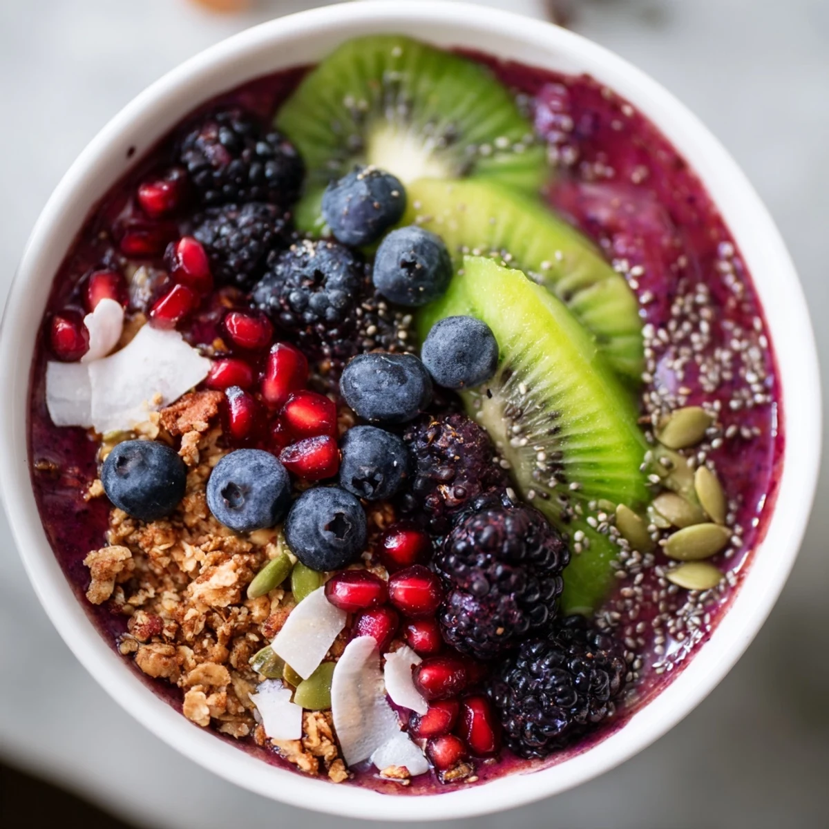 In a bowl, the Winter Berry Smoothie Bowl with Seeds is swirled with yogurt and topped with pomegranate arils and coconut flakes.