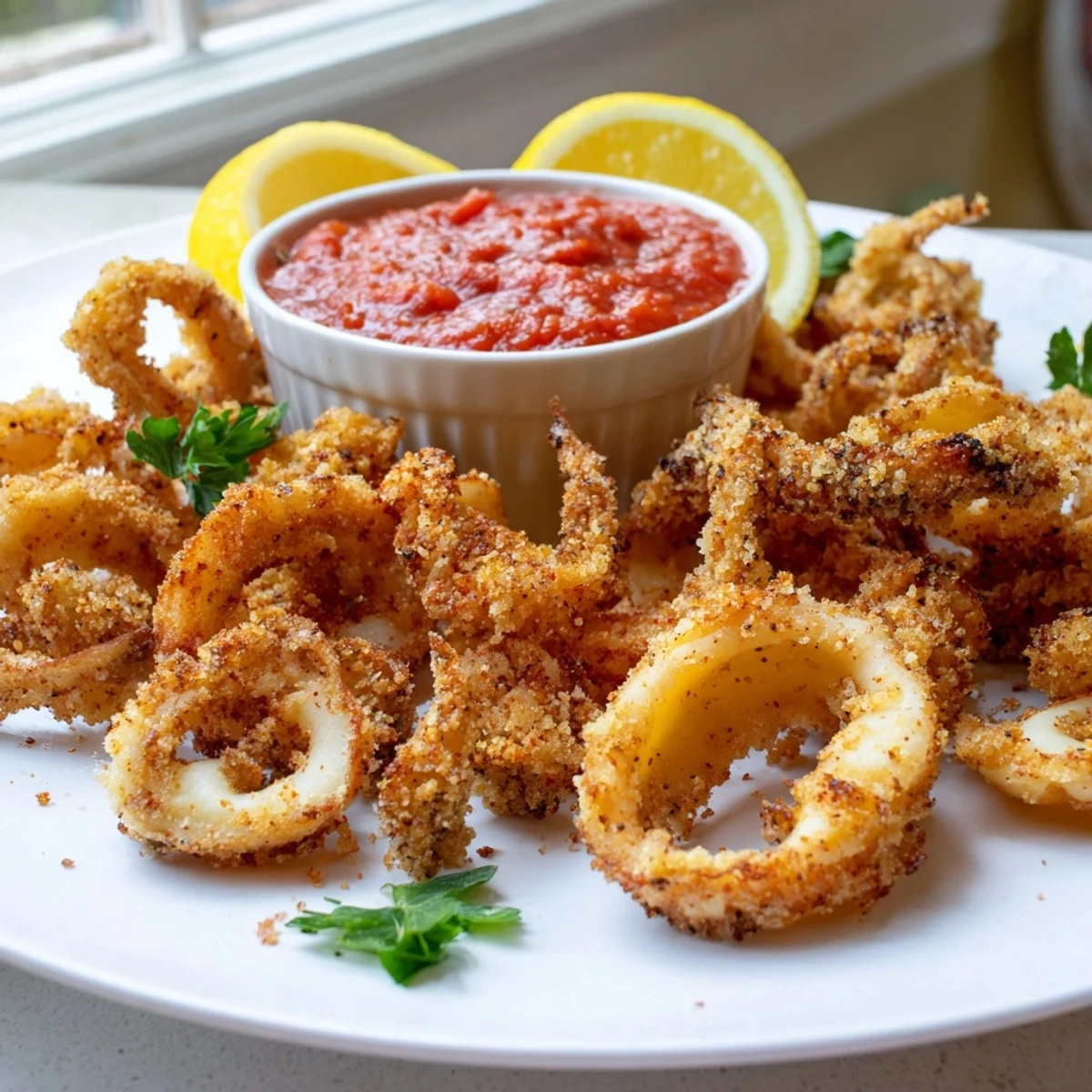 A close-up of Crispy Calamari with Marinara Dipping Sauce highlighting the golden texture and zesty tomato dip.