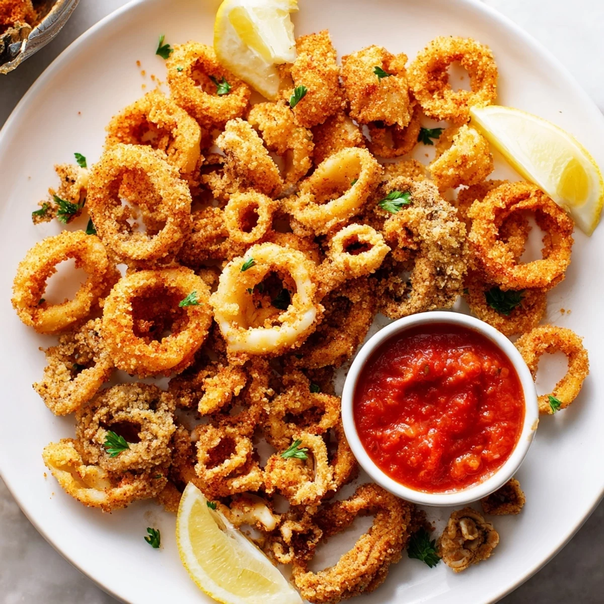 Crispy Calamari with Marinara Dipping Sauce resting on paper towels, garnished with parsley for a crunchy appetizer.