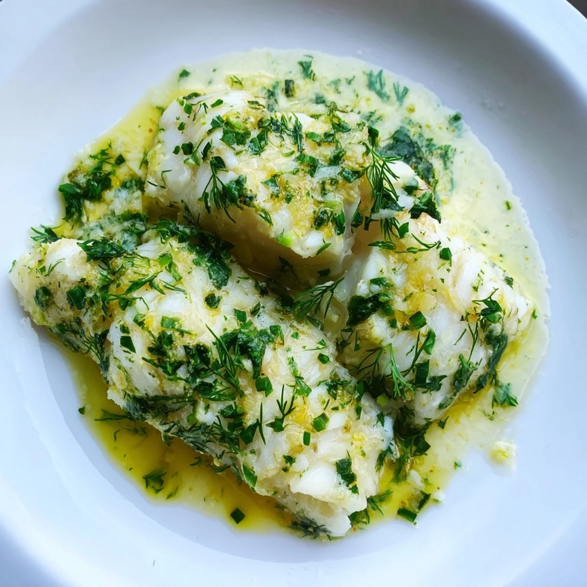 Flaky baked cod fillets with garlic butter and herbs on a white plate with lemon wedges.