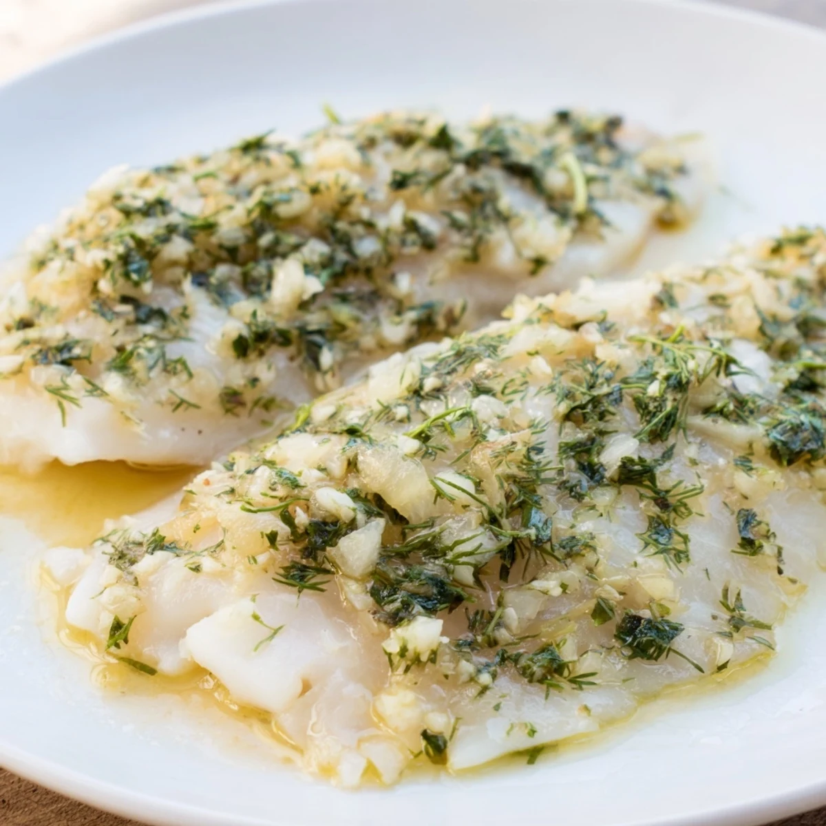 Golden baked cod with garlic butter and herbs served alongside roasted potatoes and steamed vegetables.