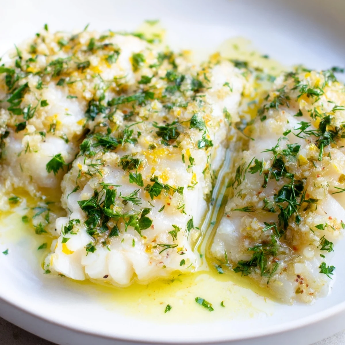 Close-up of tender cod in garlic butter sauce garnished with fresh parsley, dill, and chives.
