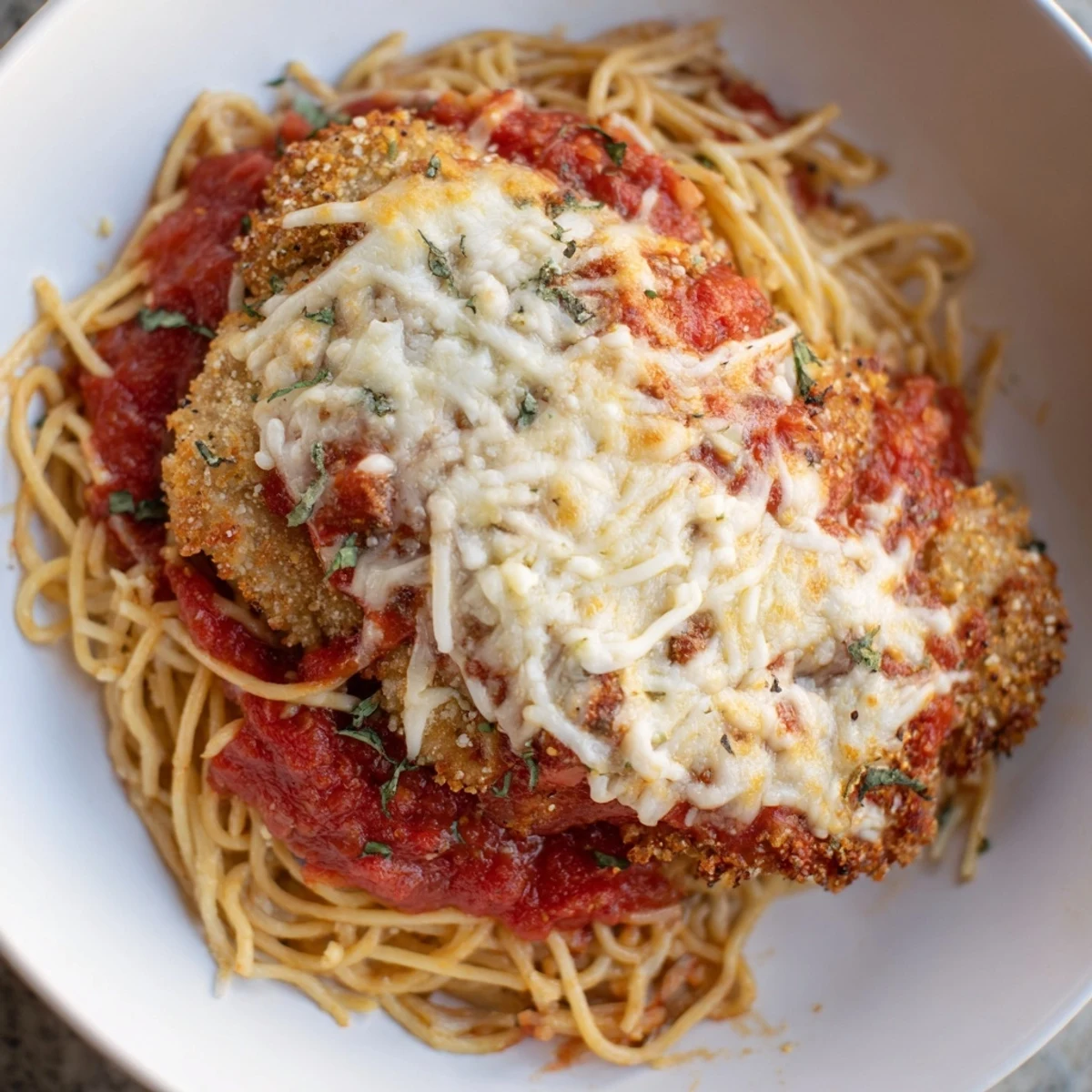 A close-up photo of Chicken Parmesan over spaghetti marinara shows the steam rising, ready to be served as a comforting family dinner.