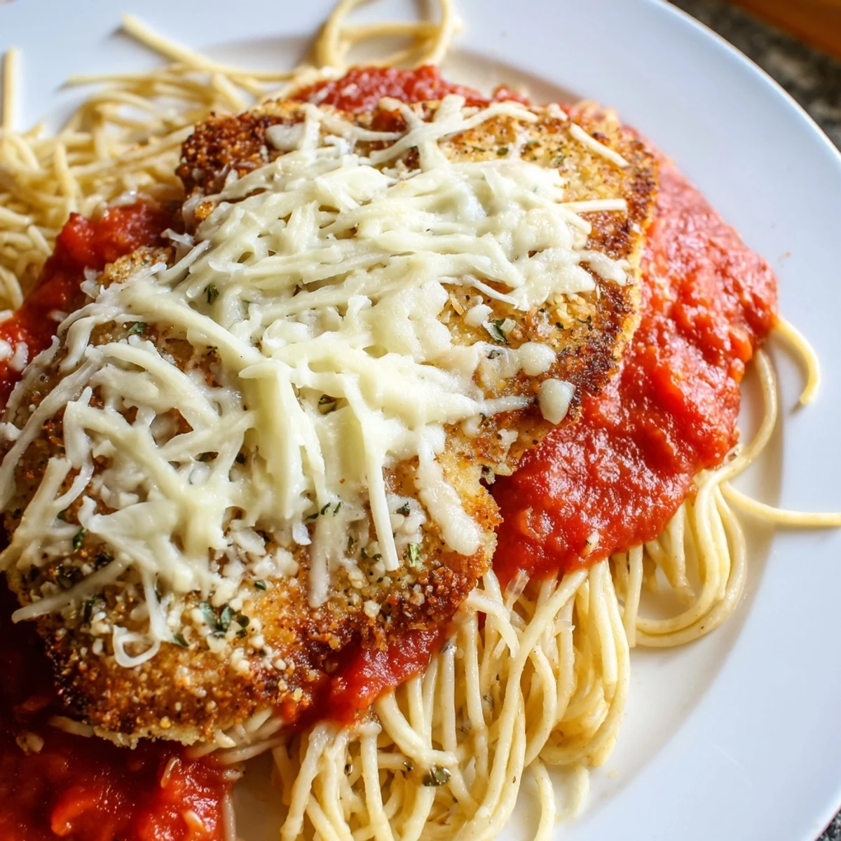Golden, crispy breaded chicken breasts topped with bubbly melted mozzarella and Parmesan, resting over spaghetti coated in rich homemade marinara sauce.