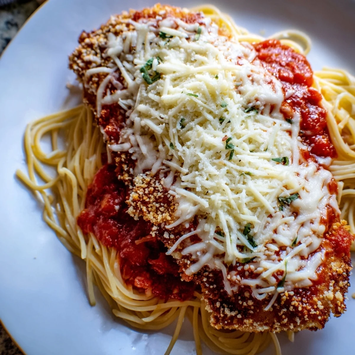Juicy Chicken Parmesan over spaghetti marinara is plated with fresh basil garnish, highlighting the red sauce and golden cheese crust.