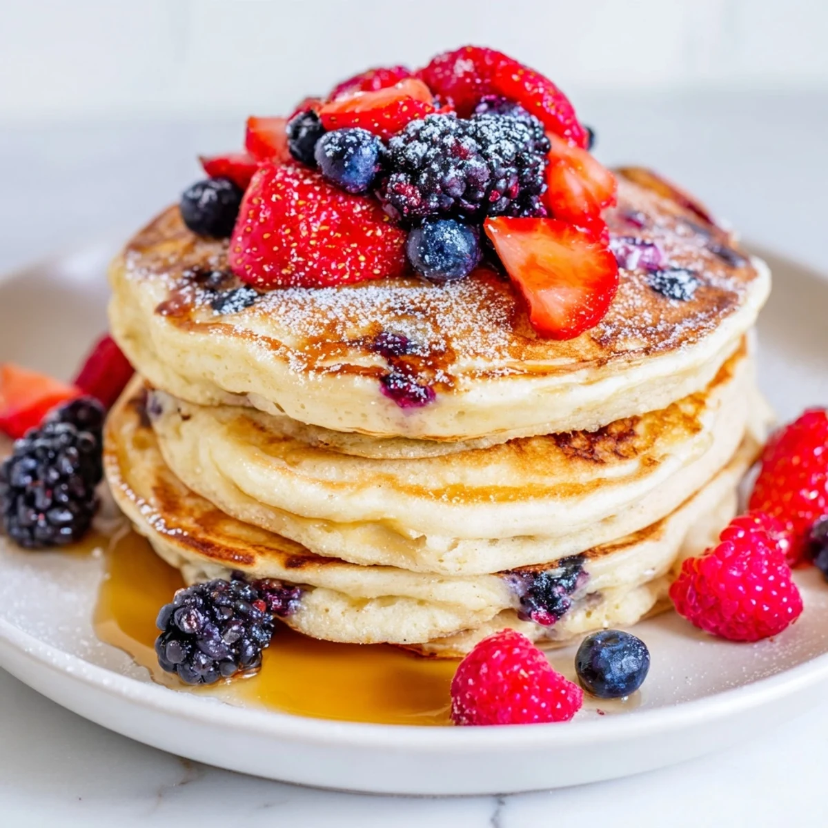 A close-up view of golden Lemon Ricotta Pancakes with Berries, featuring a vibrant medley of strawberries, blueberries, and raspberries.