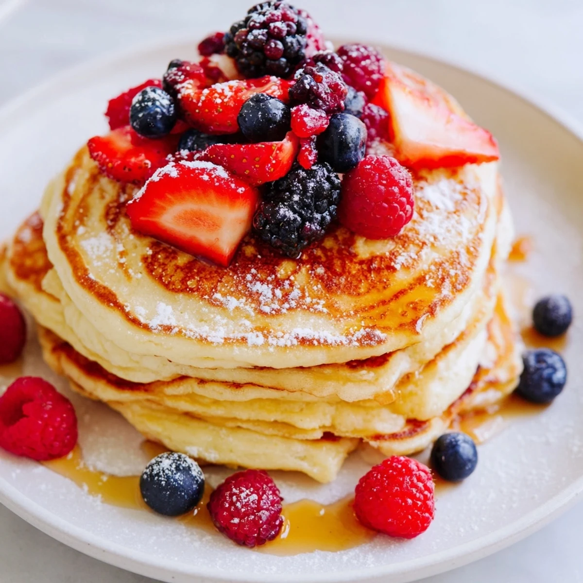 Light and fluffy Lemon Ricotta Pancakes with Berries stacked high, drizzled with maple syrup and topped with fresh berries.