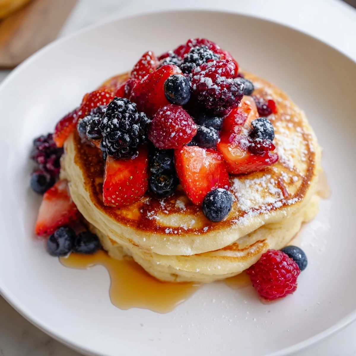 Perfectly cooked Lemon Ricotta Pancakes with Berries served warm on a plate, dusted with powdered sugar for a sweet finish.