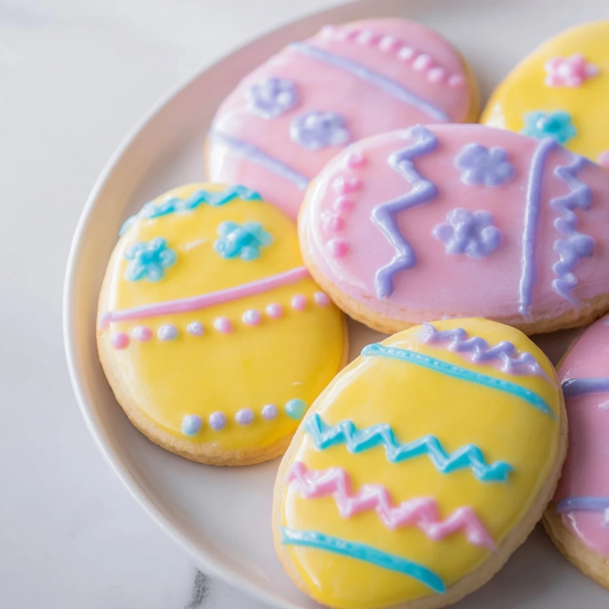 Pastel Easter Egg Sugar Cookies neatly arranged on a wire rack with vibrant royal icing details and spring-colored sprinkles.