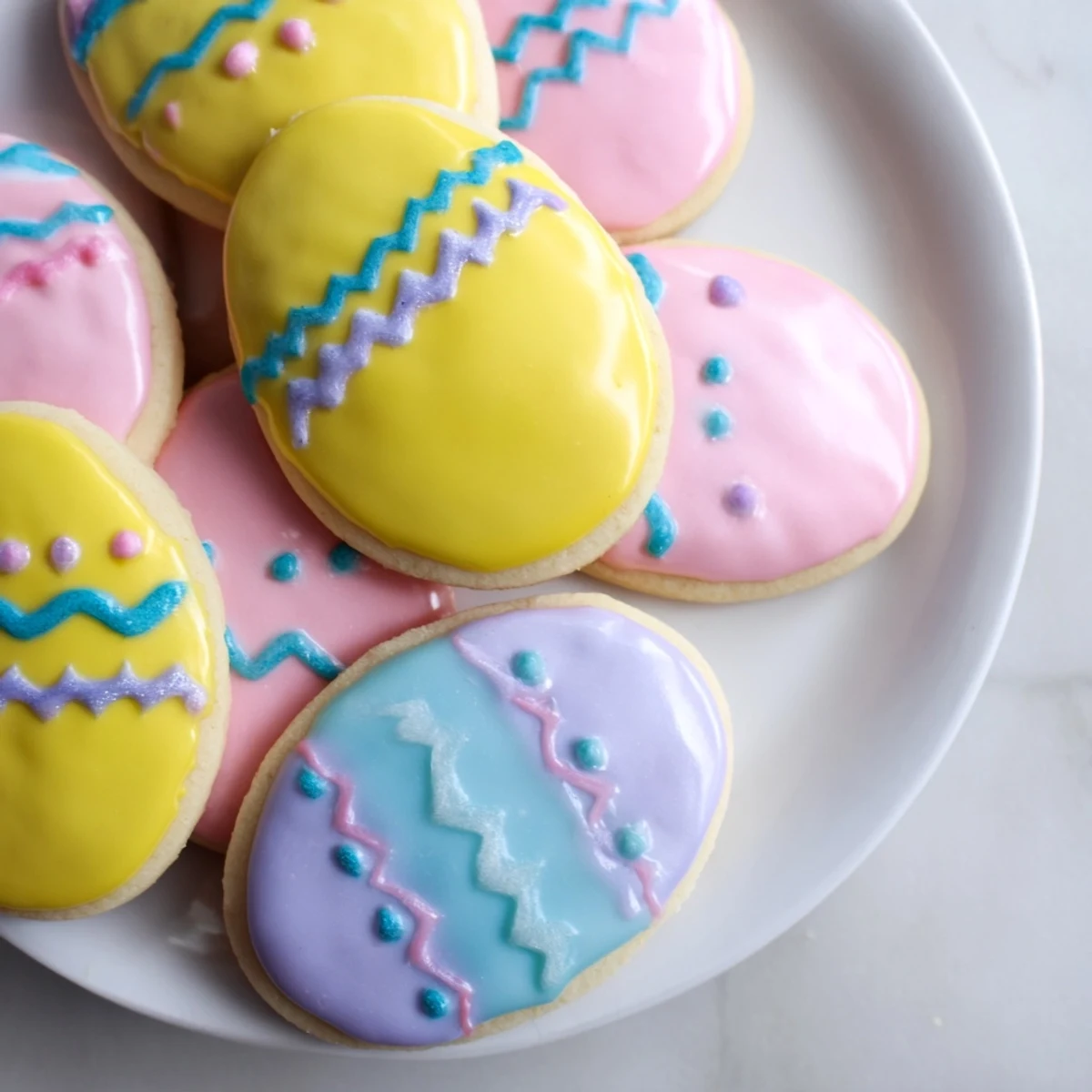 A close-up view of glazed Easter Egg Sugar Cookies showing smooth royal icing and delicate, crisp edges for a festive look.