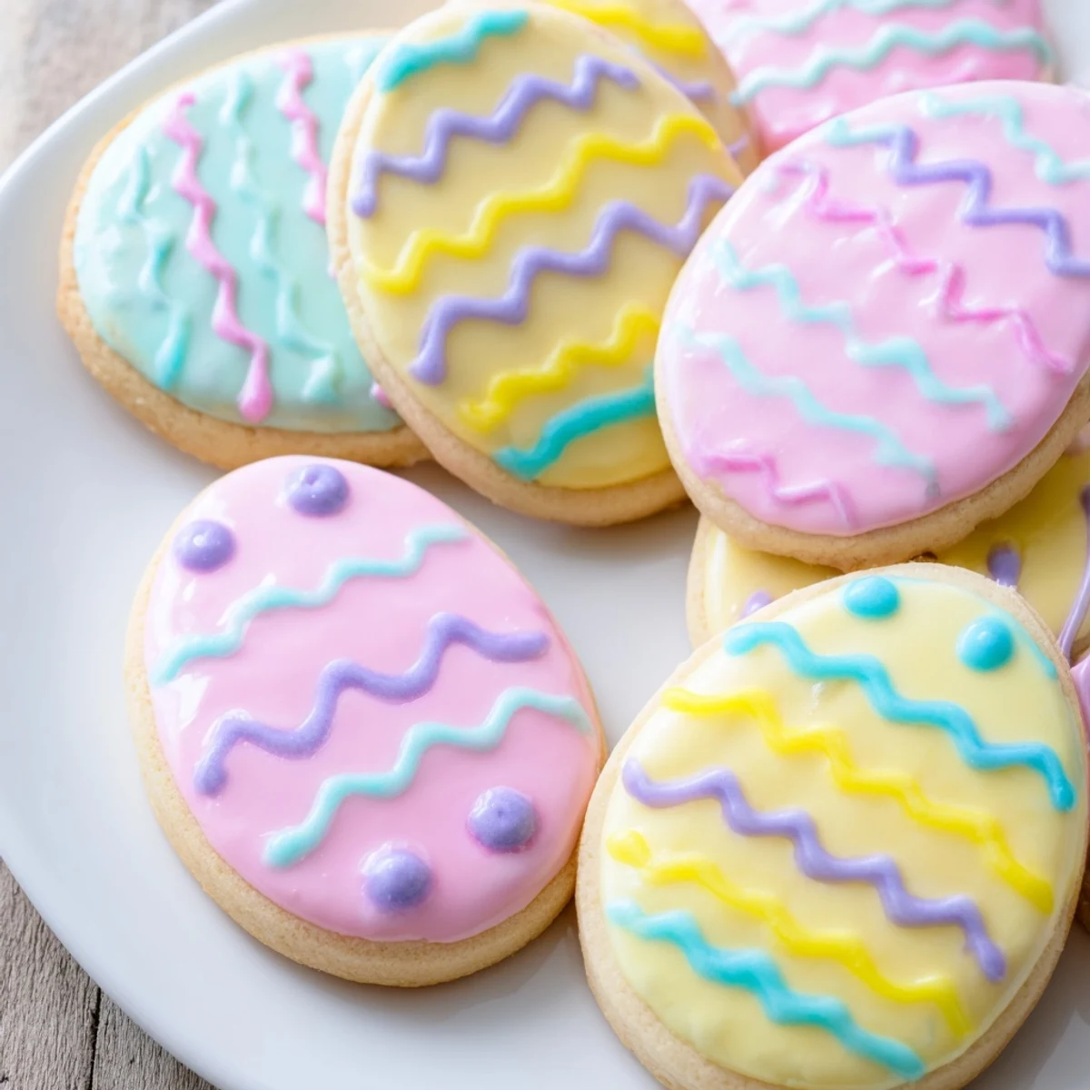 Golden brown Easter Egg Sugar Cookies decorated with pastel royal icing, perfect for Easter brunch or spring dessert tables.