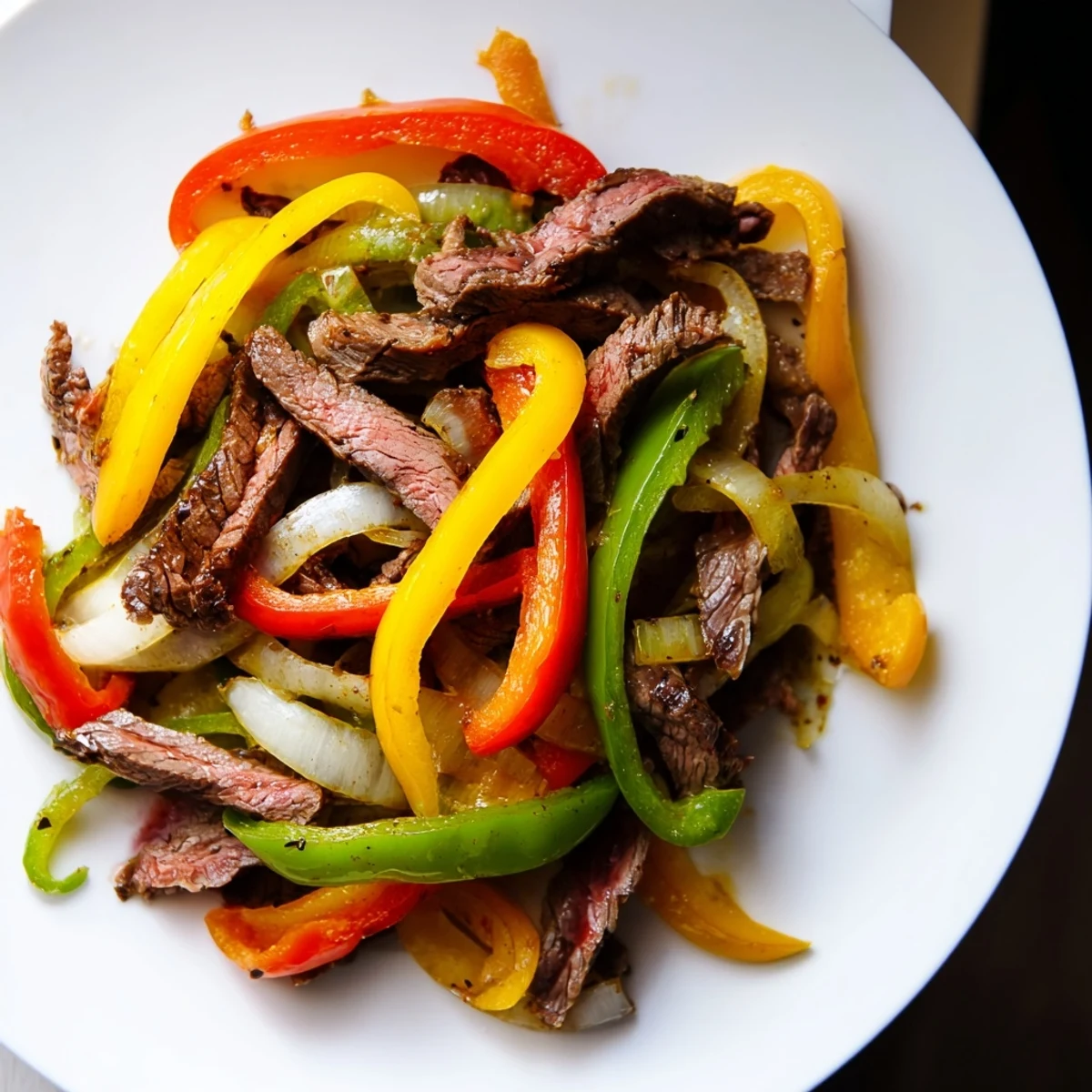 Tender marinated beef strips with colorful peppers and onions for Beef Fajitas with Peppers and Onions served sizzling from a hot skillet.