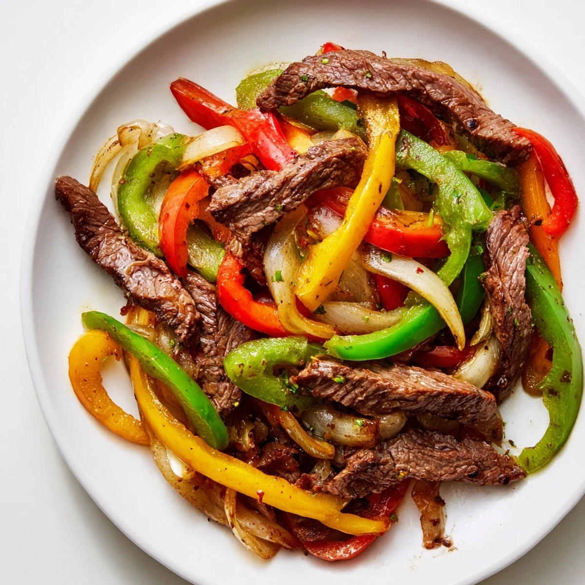 Beef Fajitas with Peppers and Onions plated with warm corn tortillas, fresh lime wedges, and cilantro for a classic Tex-Mex meal.