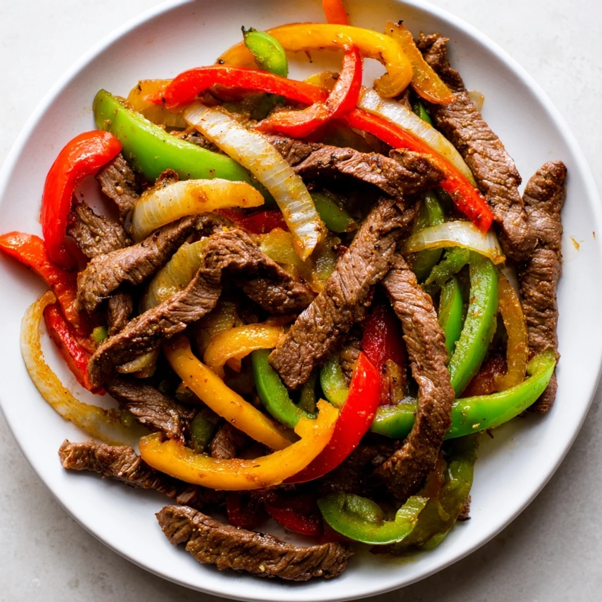 Sizzling pan of Beef Fajitas with Peppers and Onions featuring juicy beef, sautéed vegetables, and inviting steam rising for a family dinner.