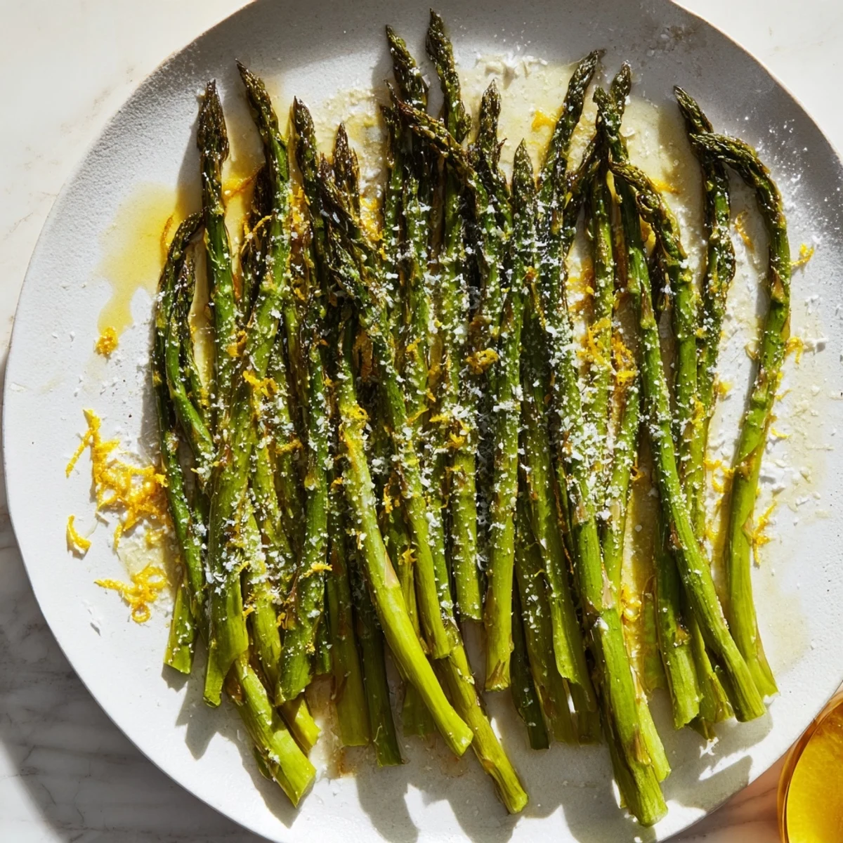 Fresh roasted asparagus with Parmesan and lemon served warm on a white ceramic platter.