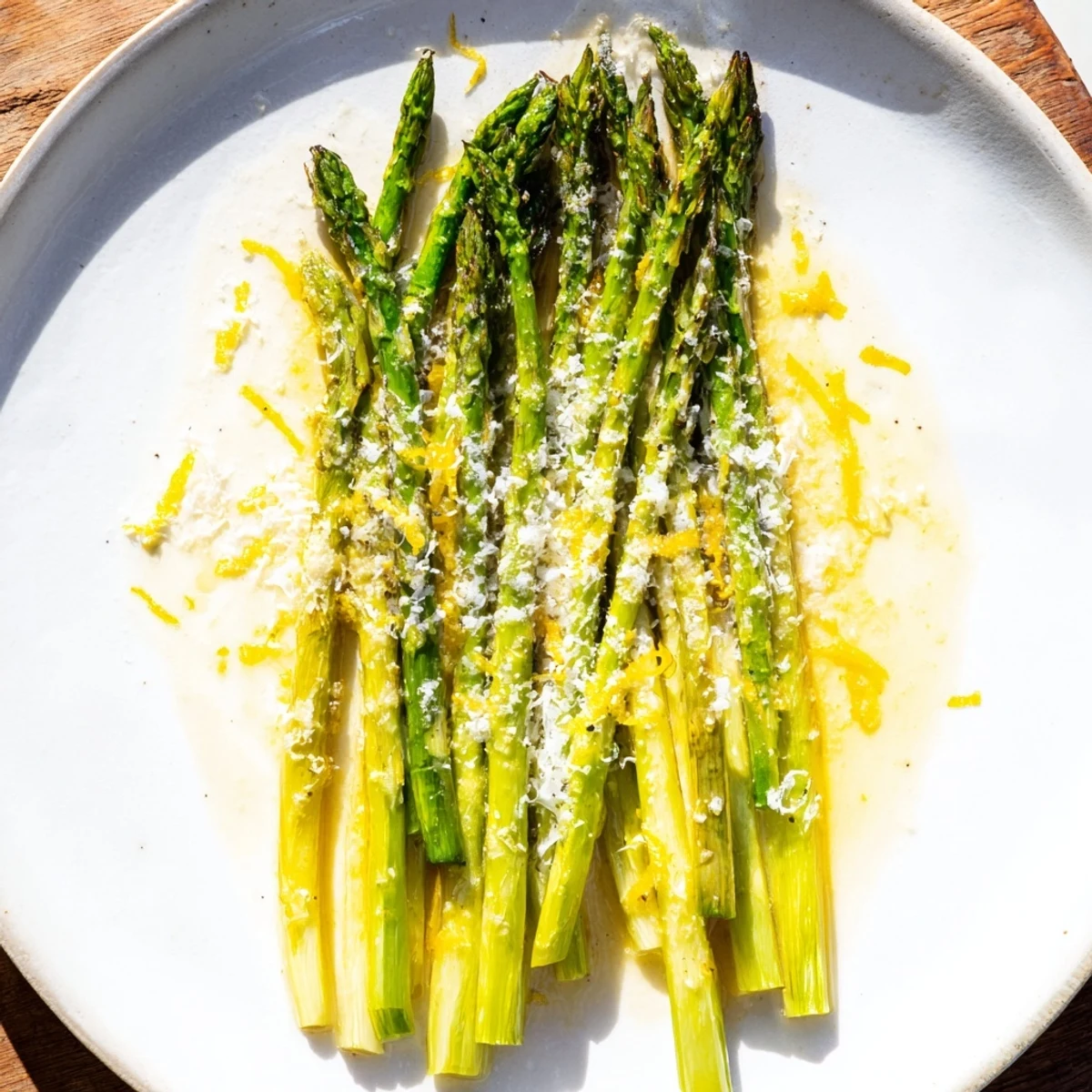 Roasted asparagus with Parmesan and lemon garnished with parsley on a rustic wooden table.