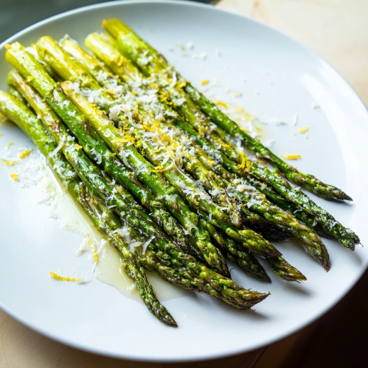 Close-up of roasted asparagus with Parmesan and lemon showing melted cheese and bright zest.