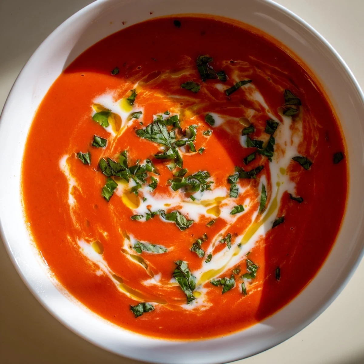 Creamy Tomato Basil Bisque steaming in a white bowl, garnished with fresh basil and a drizzle of olive oil.