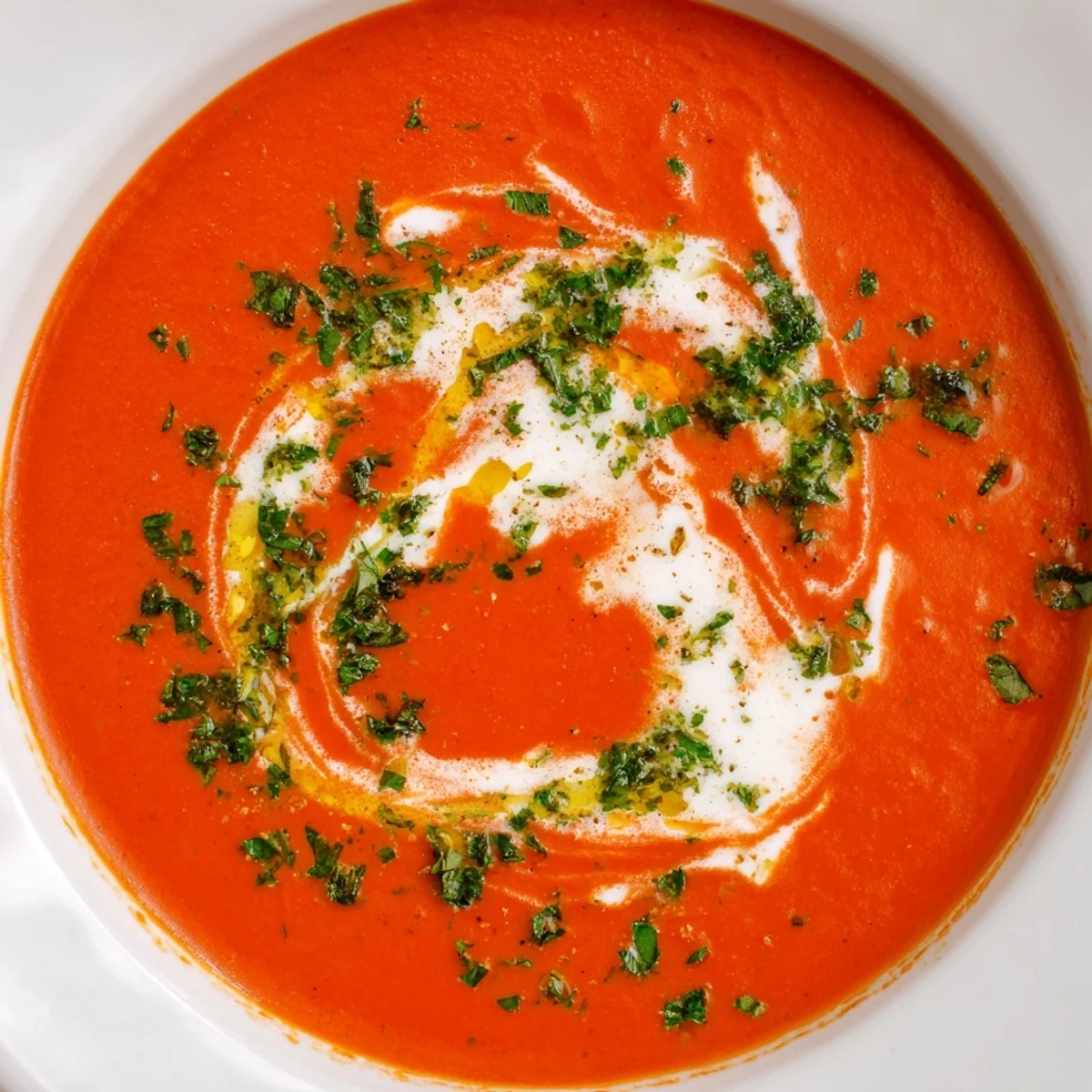 Rich Creamy Tomato Basil Bisque in a ceramic bowl with a swirl of cream and fresh basil leaves.
