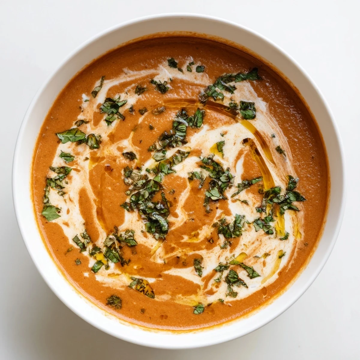 Warm Creamy Tomato Basil Bisque served in a rustic mug alongside a grilled cheese sandwich for dipping.