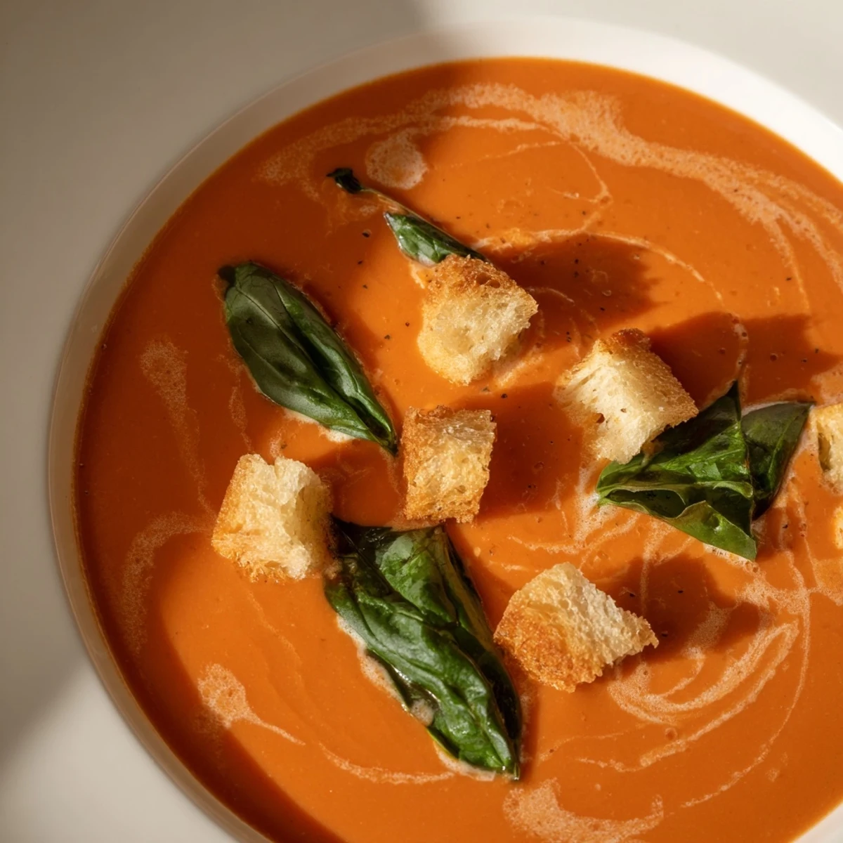 Creamy Tomato Basil Bisque in a rustic white bowl garnished with fresh basil and golden croutons.