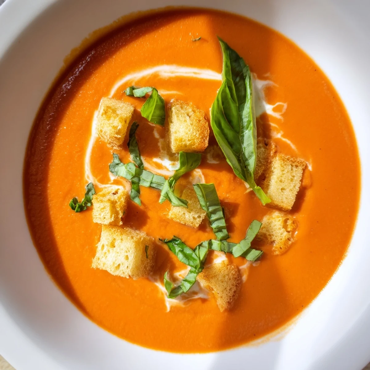 Warm Creamy Tomato Basil Bisque served steaming in a mug with a spoon and basil garnish.