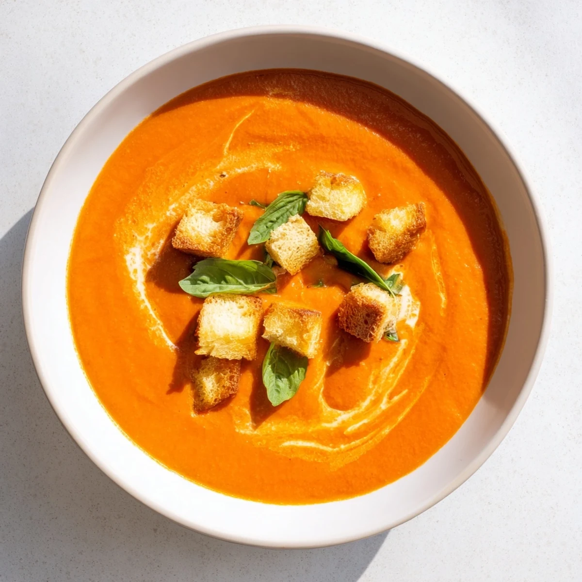 A bowl of Creamy Tomato Basil Bisque topped with crunchy croutons beside a crusty bread slice.
