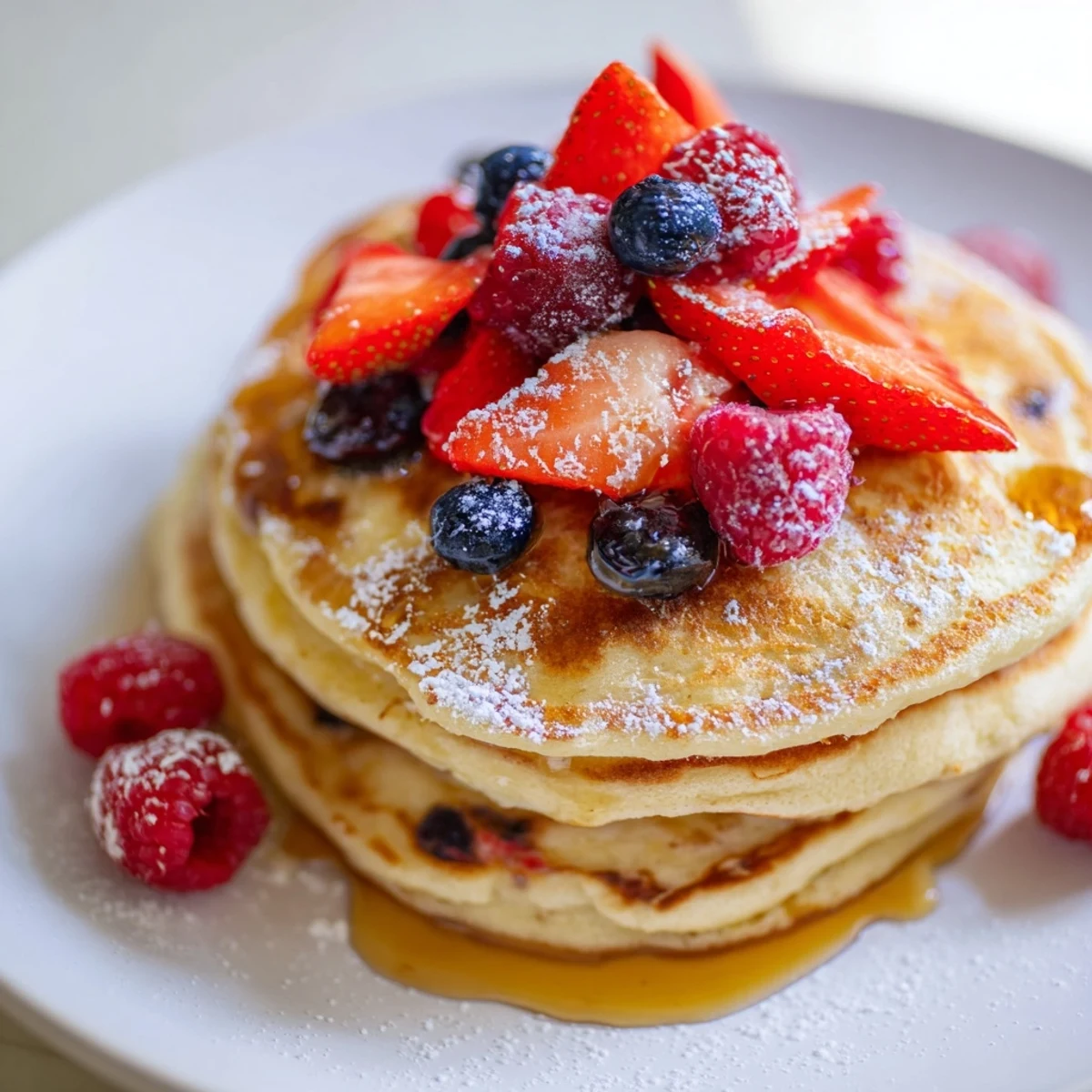 Fluffy Lemon Ricotta Pancakes with Fresh Berries stacked on a white plate, dusted with powdered sugar and bright lemon zest.