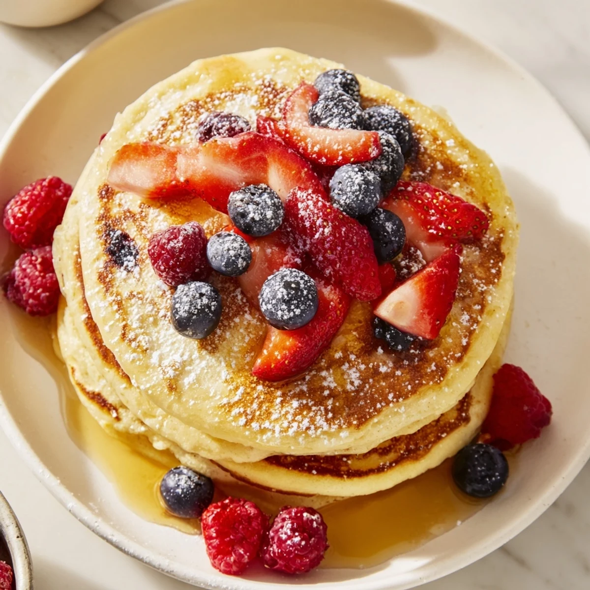 A close-up of Lemon Ricotta Pancakes with Fresh Berries, topped with a drizzle of maple syrup and vibrant mixed berries.