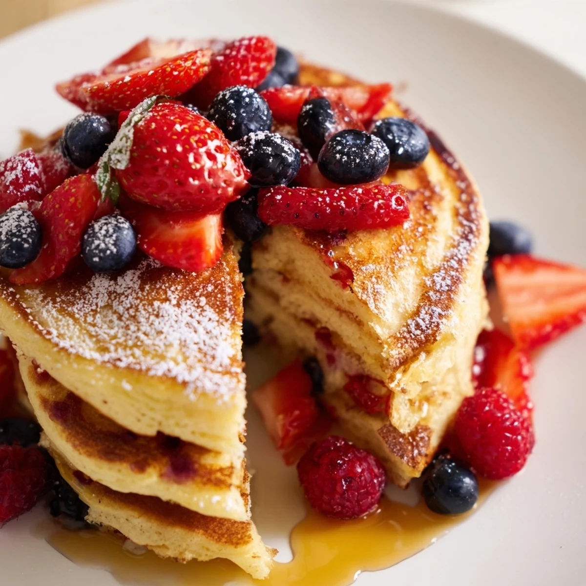 A rustic wooden table showcases Lemon Ricotta Pancakes with Fresh Berries, served alongside a glass of orange juice for brunch.