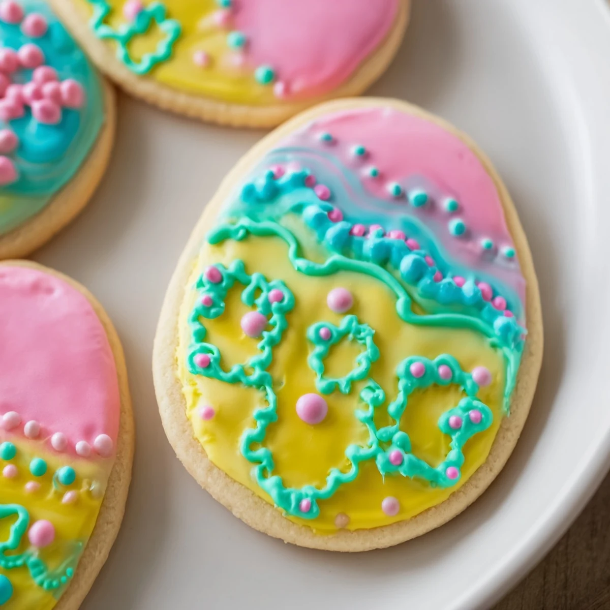 A close-up of freshly baked Easter Egg Sugar Cookies with Icing, their pastel patterns glistening under warm kitchen light.