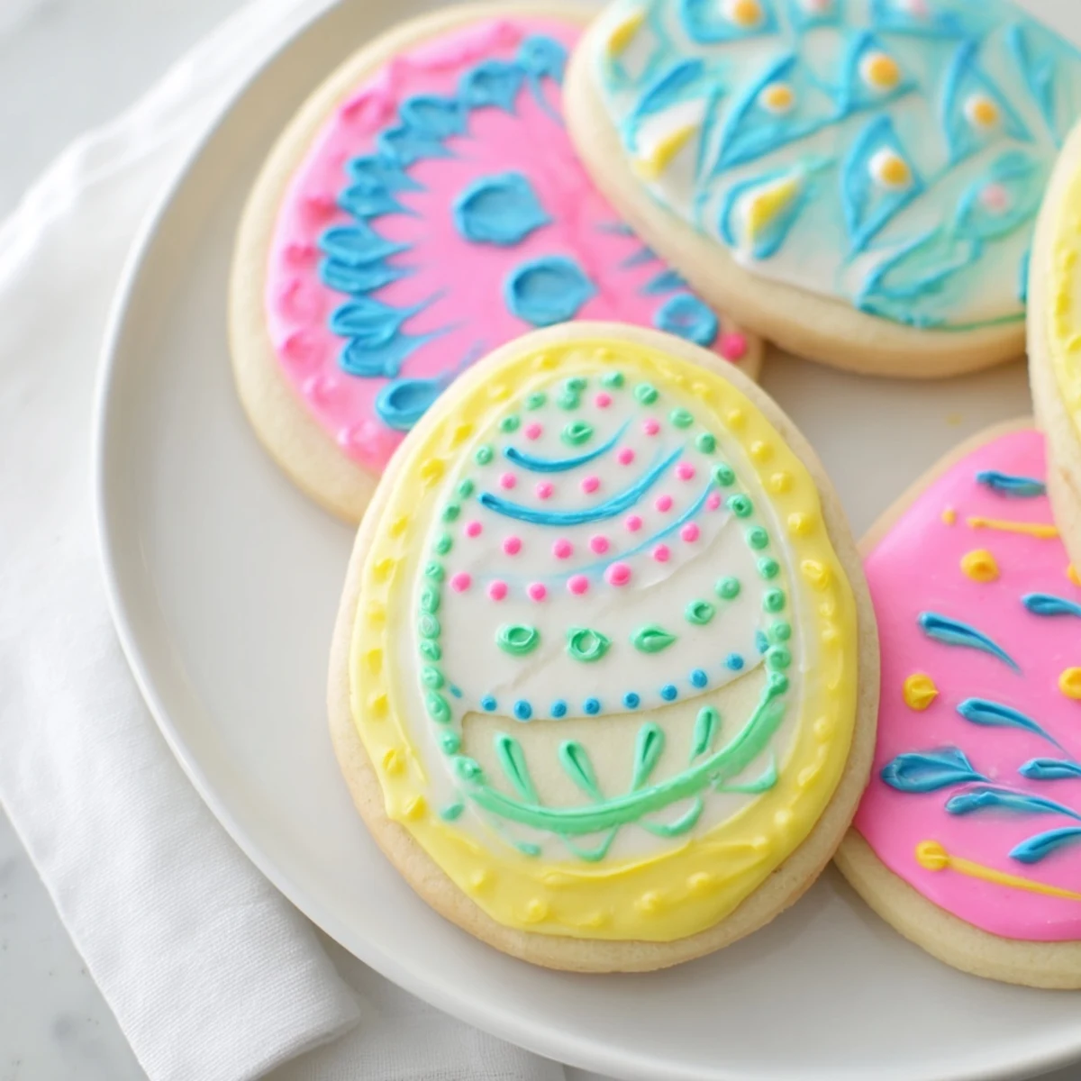 Stack of vibrant Easter Egg Sugar Cookies with Icing, showcasing detailed piping and a soft, crumbly texture on a marble board.