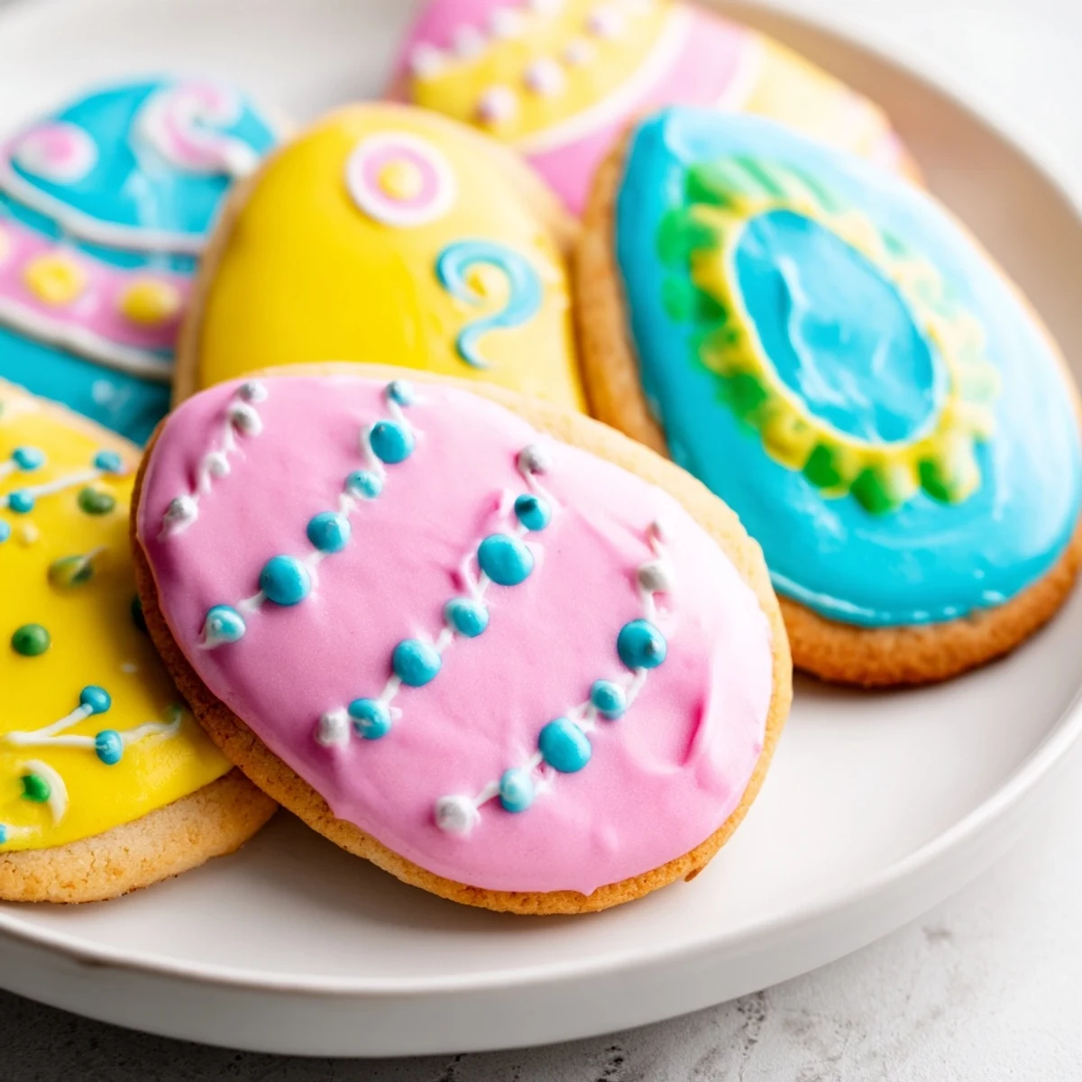 Colorful Easter Egg Sugar Cookies with Icing arranged on a platter, ready for a spring celebration or family gathering.