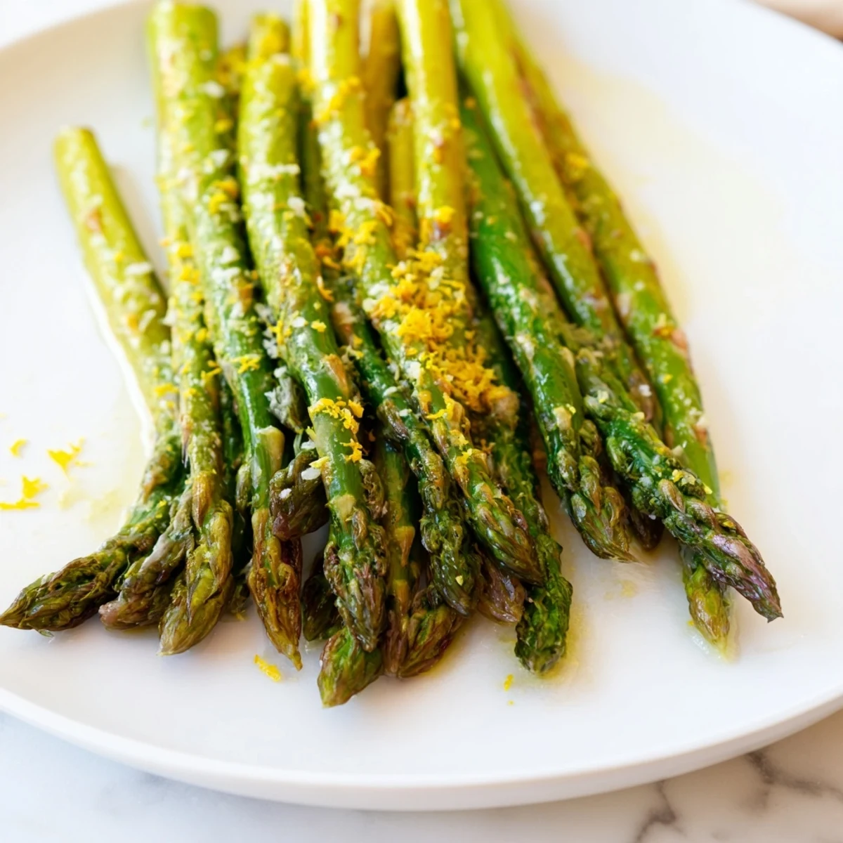 Golden-brown roasted asparagus with Parmesan and lemon garnish on a white plate, served warm as a side dish.