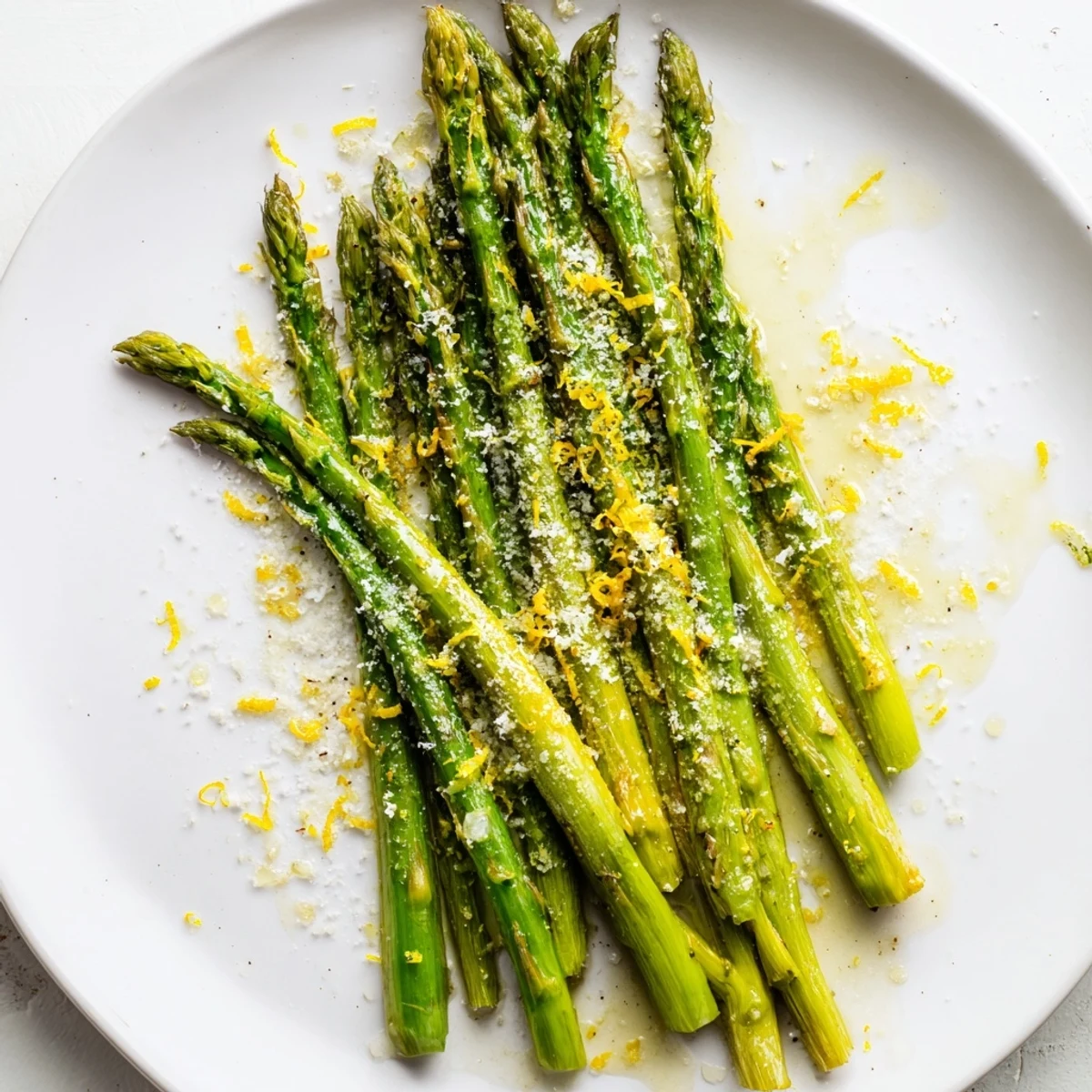 Vibrant green roasted asparagus with Parmesan and lemon, served alongside grilled chicken on a rustic wooden table.