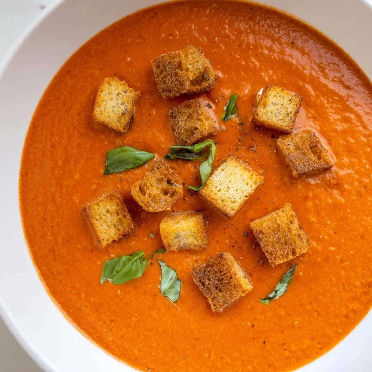 Creamy Tomato Basil Bisque with Croutons served steaming in a rustic bowl, topped with golden crispy croutons and fresh basil garnish.