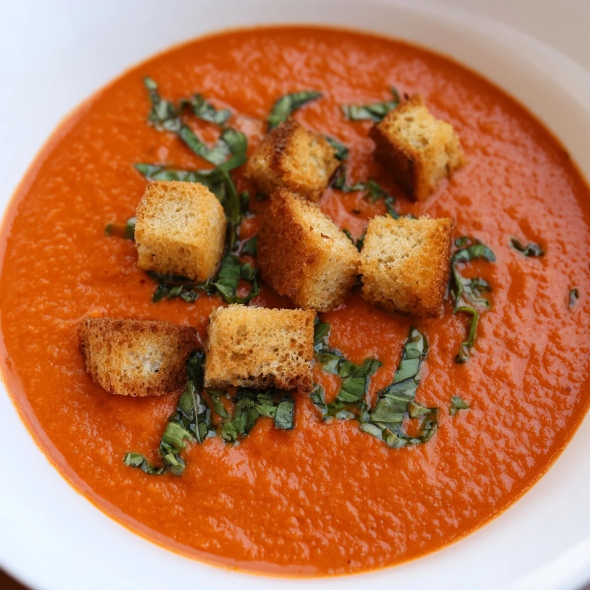 A spoon dipping into velvety Creamy Tomato Basil Bisque with Croutons reveals rich tomato texture and crunchy homemade bread toppings.