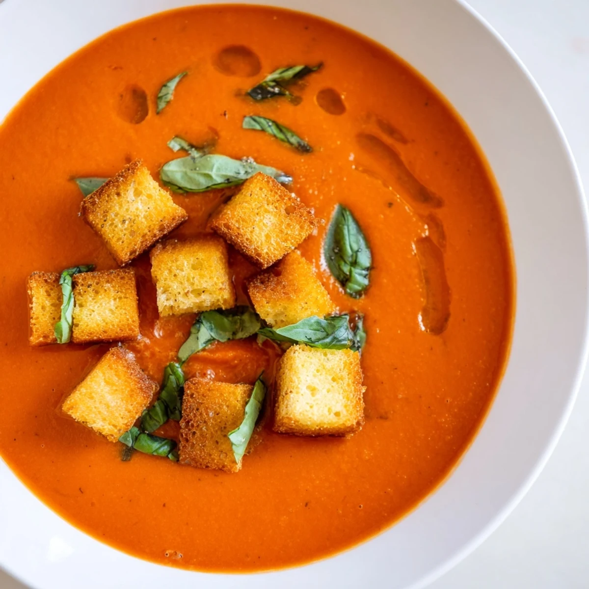 Comforting bowl of Creamy Tomato Basil Bisque with Croutons, paired with a grilled cheese sandwich on a wooden table for cozy meal.