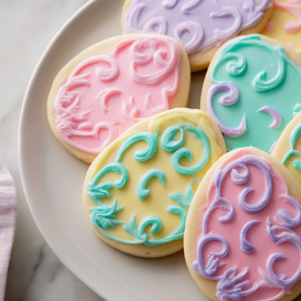 A close-up of Easter Egg Sugar Cookies reveals colorful swirls of sweet royal icing and delicate cookie texture.