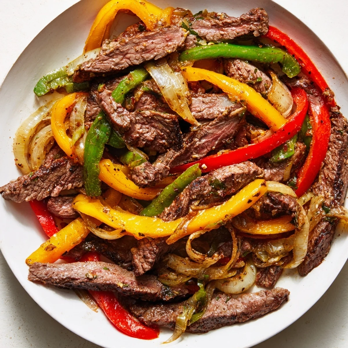 Golden-brown strips of Beef Fajitas with Peppers and Onions sizzle in a cast-iron skillet, sending up aromatic steam.