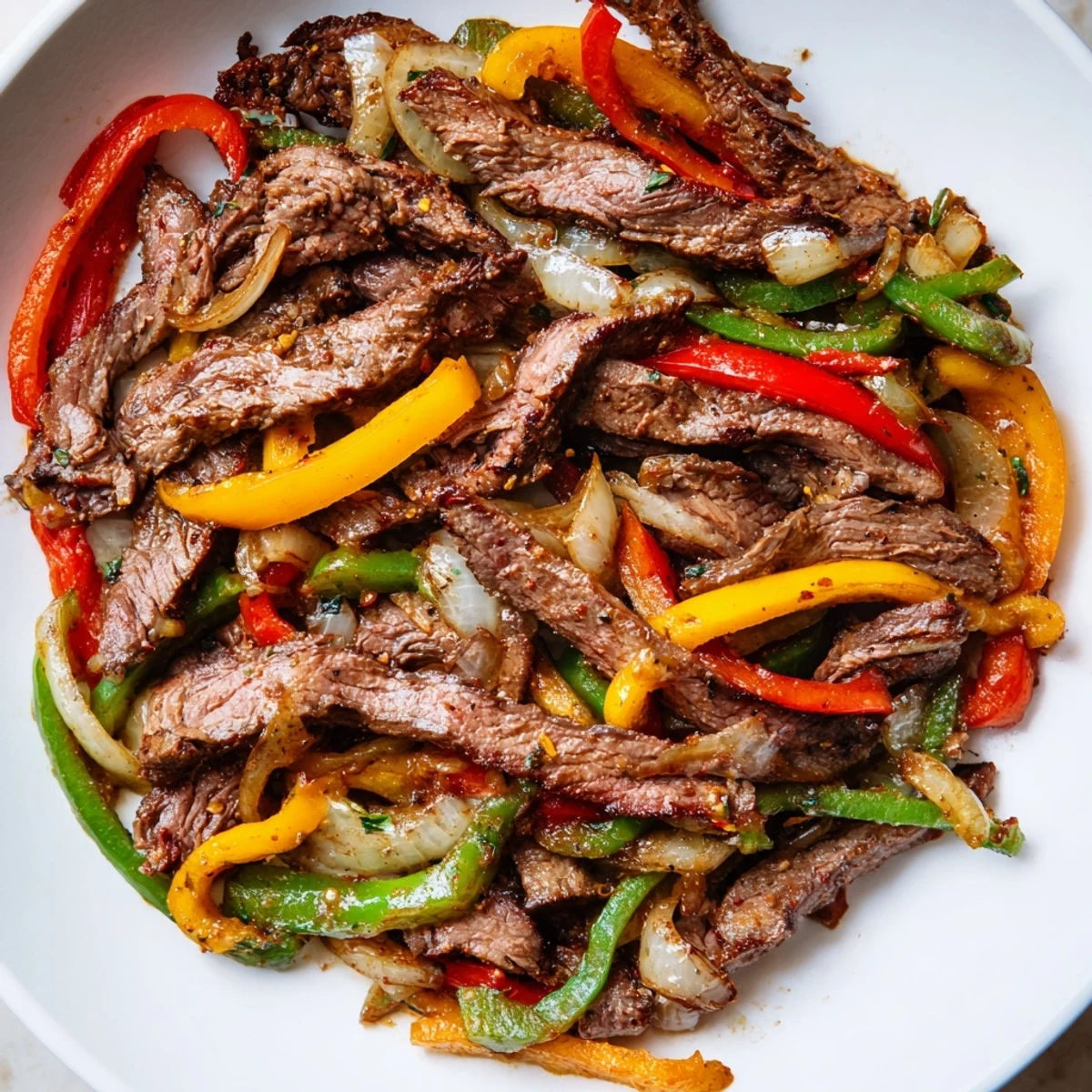A close-up of vibrant Beef Fajitas with Peppers and Onions piled high on warm corn tortillas with fresh lime wedges.