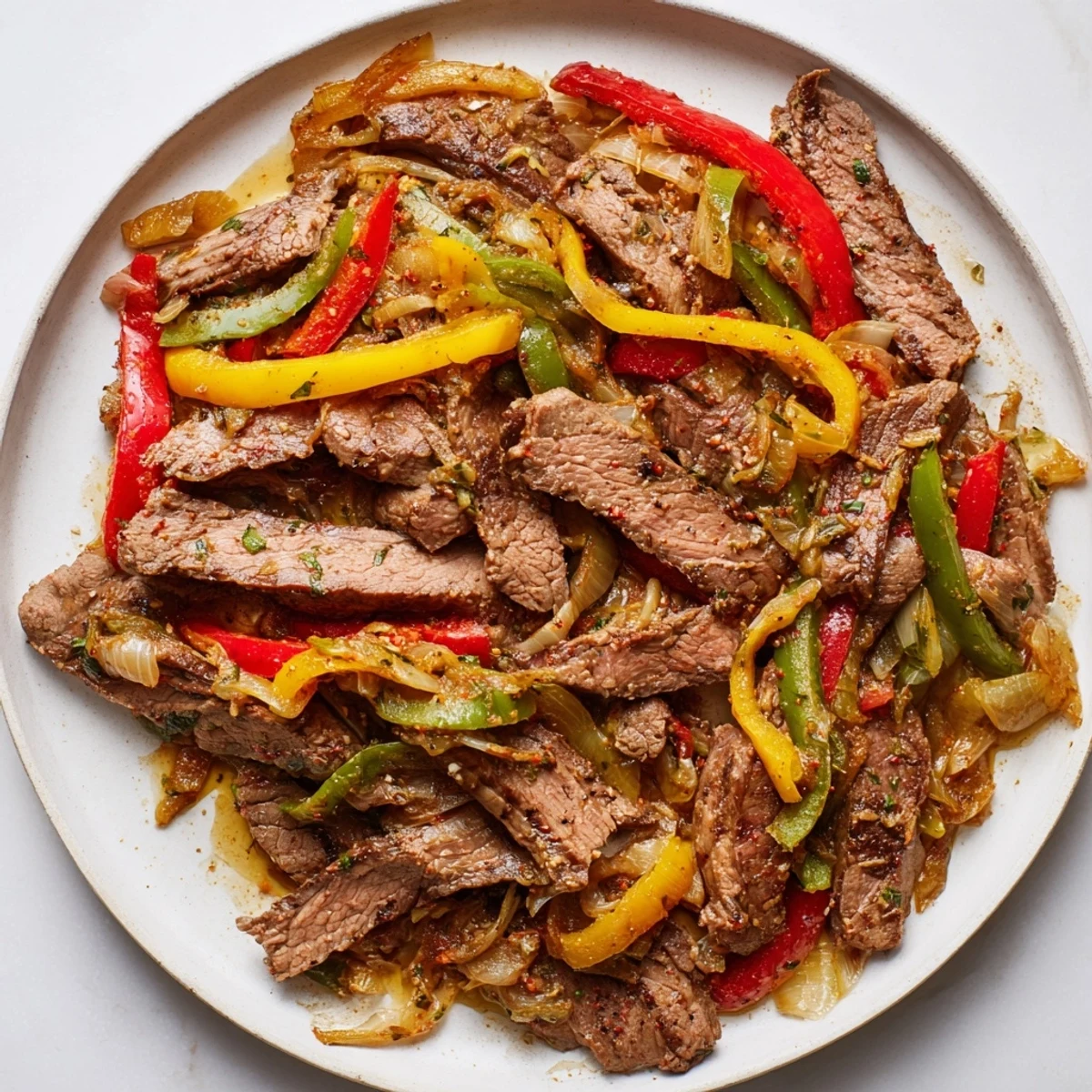 Juicy, marinated Beef Fajitas with Peppers and Onions paired with a colorful medley of sautéed vegetables and cilantro garnish.