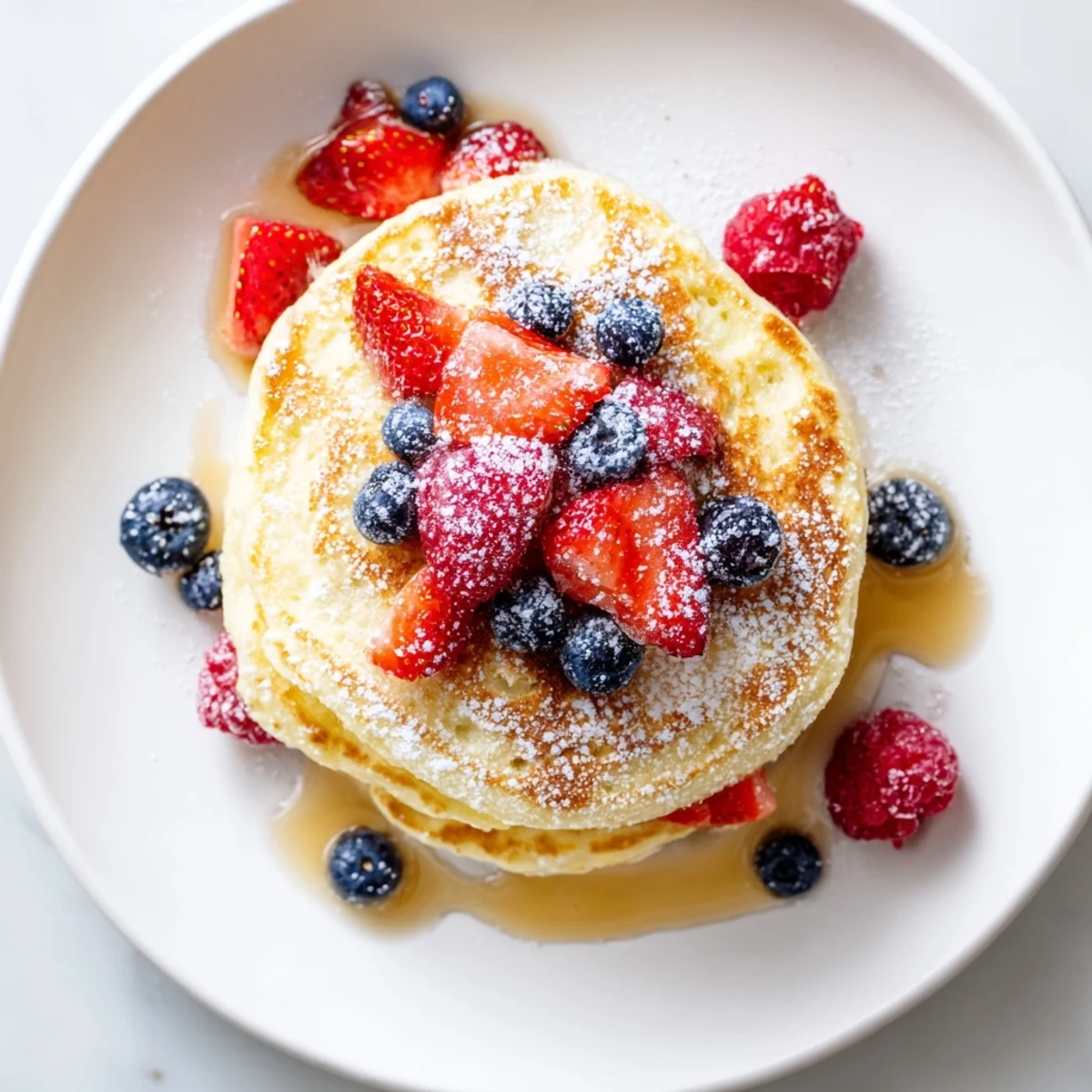 Golden-brown Lemon Ricotta Pancakes with Fresh Berries stacked high, topped with vibrant mixed berries and a dusting of powdered sugar on a white plate.  