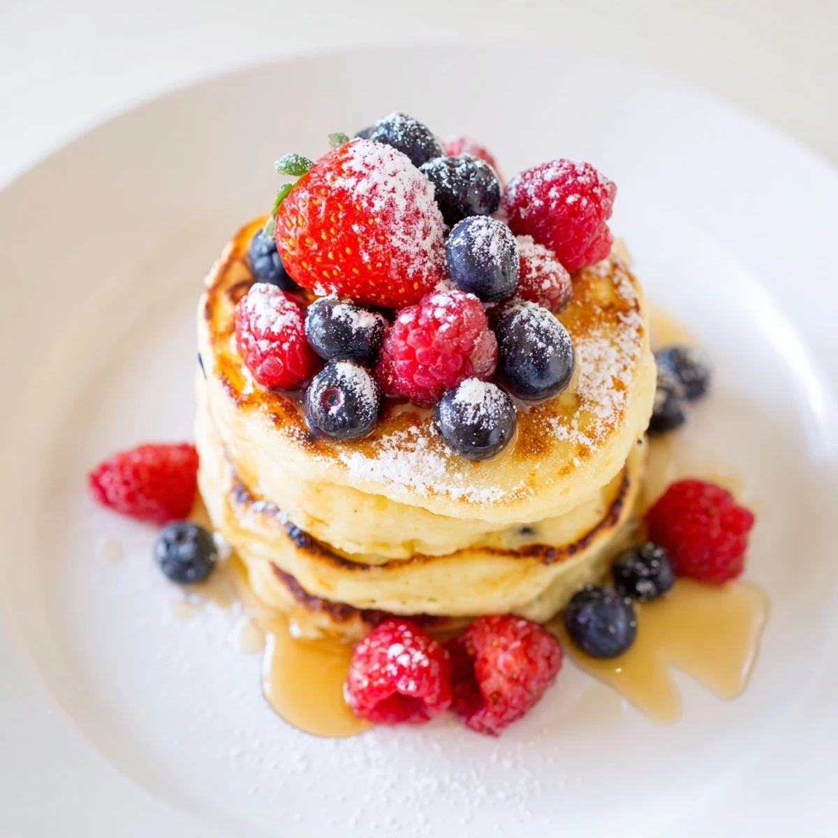 Freshly cooked Lemon Ricotta Pancakes with Fresh Berries on a blue ceramic plate, drizzled with maple syrup beside a glass of orange juice.  