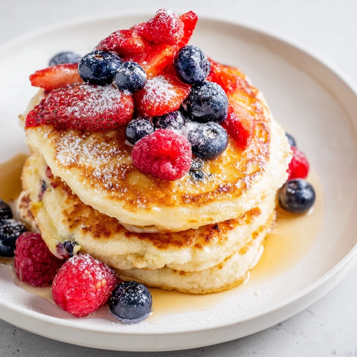 Fluffy Lemon Ricotta Pancakes with Fresh Berries served warm on a rustic wooden table, featuring creamy ricotta texture and bright lemon zest.