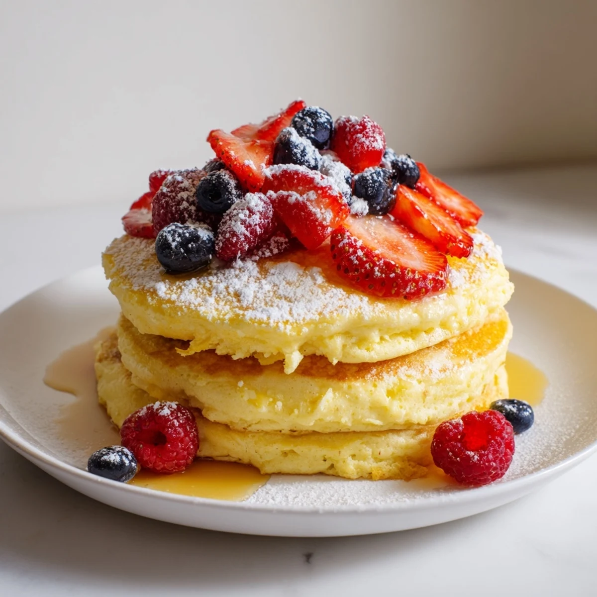Fluffy Lemon Ricotta Pancakes with Berries stacked high on a white plate, topped with fresh strawberries and blueberries and a dusting of powdered sugar for a bright breakfast.