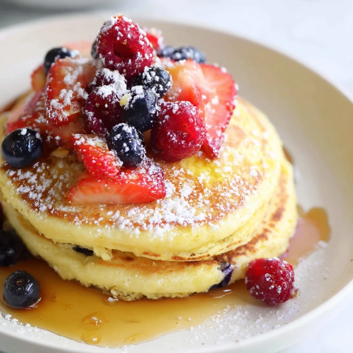 A close-up view of golden Lemon Ricotta Pancakes with Berries, featuring creamy ricotta texture and a generous drizzle of maple syrup ready to be served.