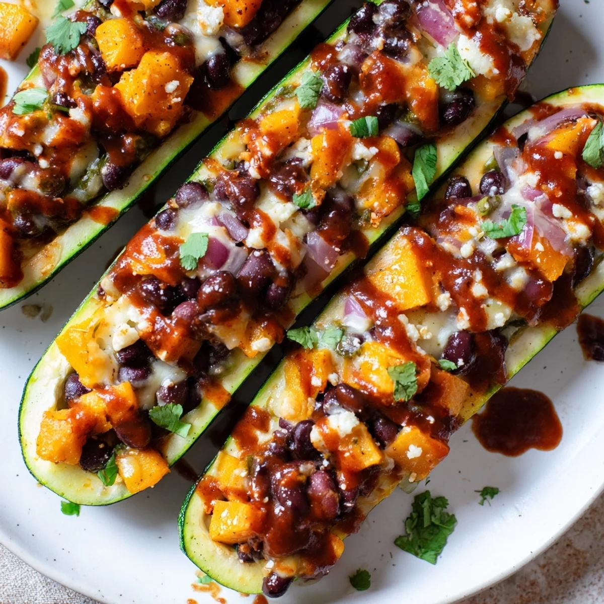 Golden roasted zucchini boats filled with black beans and butternut squash, topped with melted cheese.