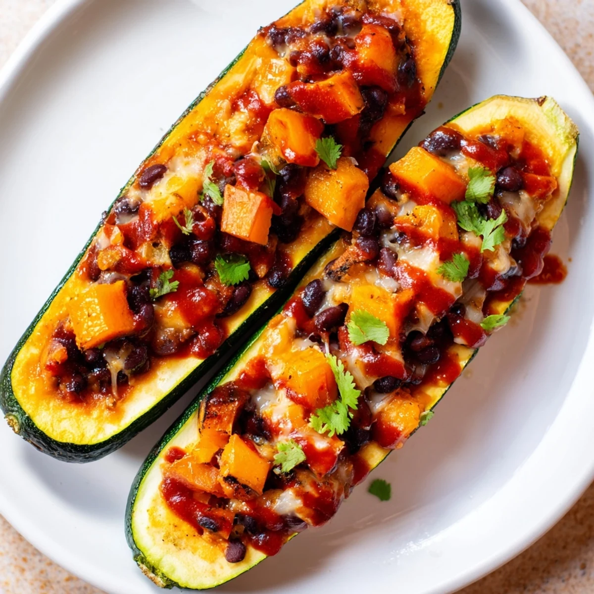 Vibrant vegetarian enchilada boats feature savory black bean filling and fresh avocado garnish.