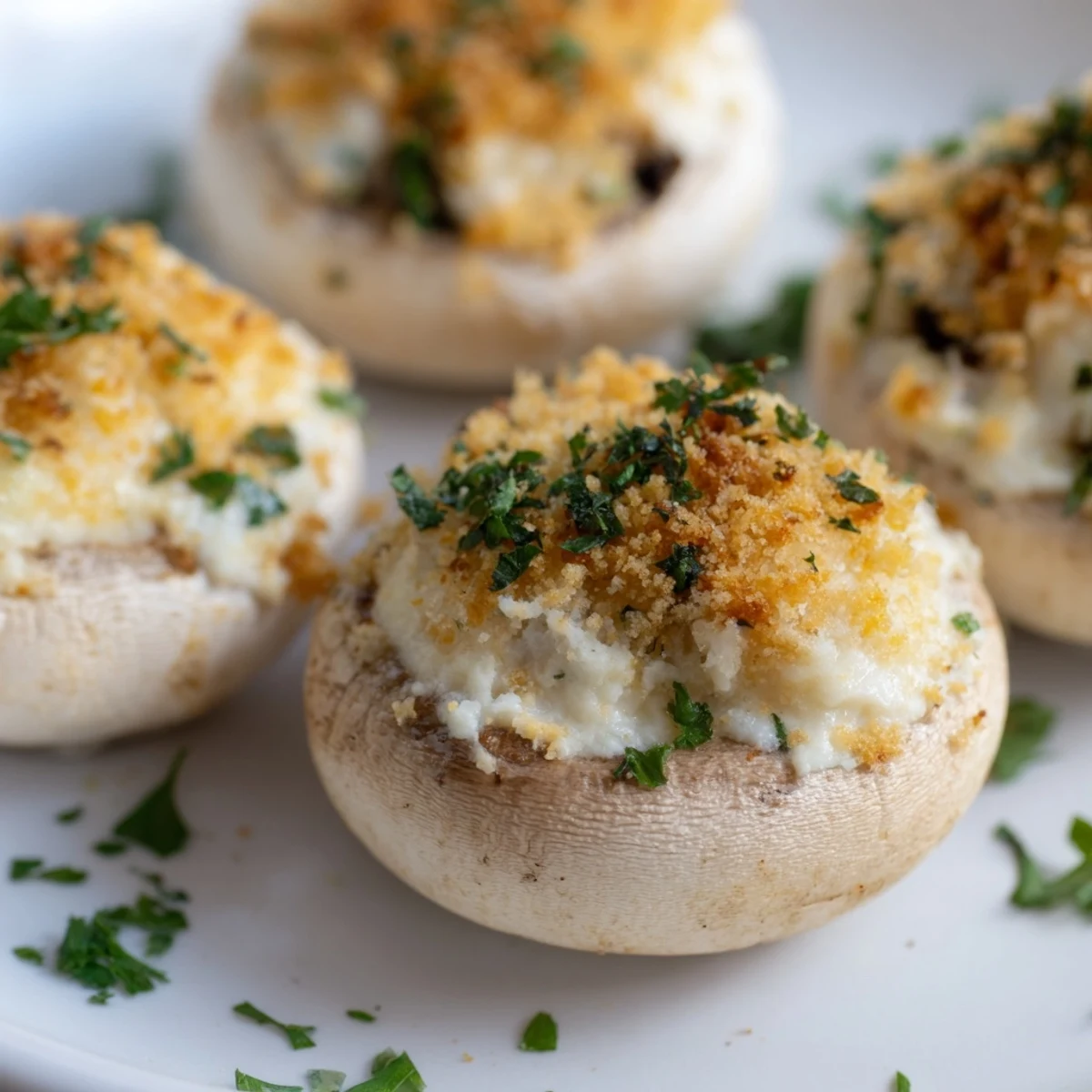 Golden-brown Mozzarella Popper Stuffed Mushrooms with melted cheddar and parsley on a baking sheet.  